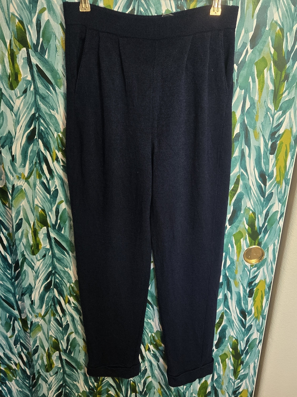 St. John Basics Navy Blue Santana Knit Pleated Tapered Pants - Size 8